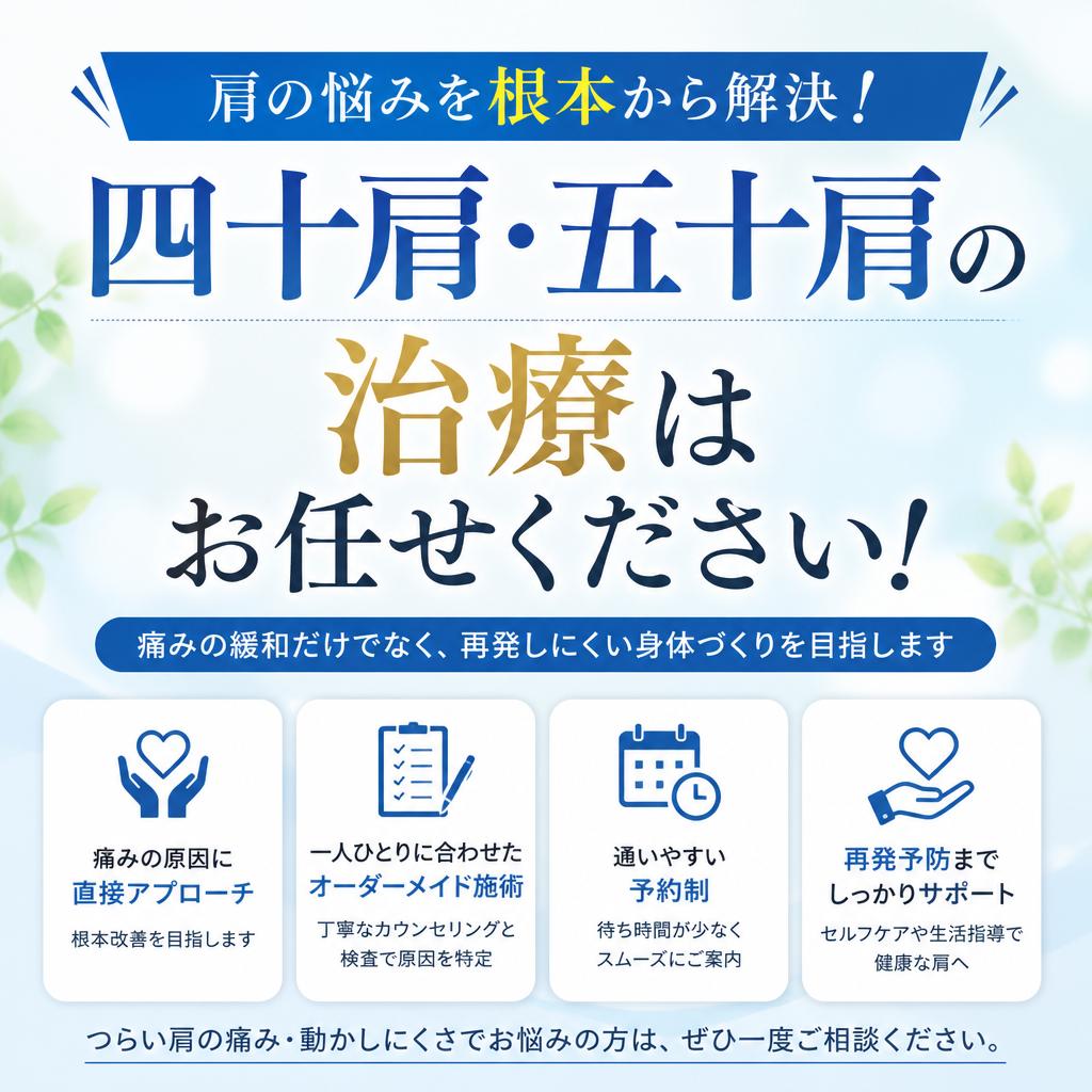肩の悩みを根本から解決！四十肩・五十肩の治療はお任せください！