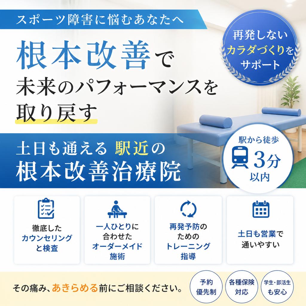 スポーツ障害に悩むあなたへ、土日も通える駅近の根本改善治療院