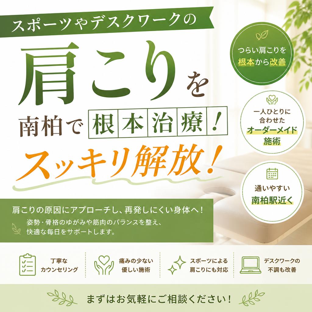 スポーツやデスクワークの肩こりを南柏で根本治療！スッキリ解放！