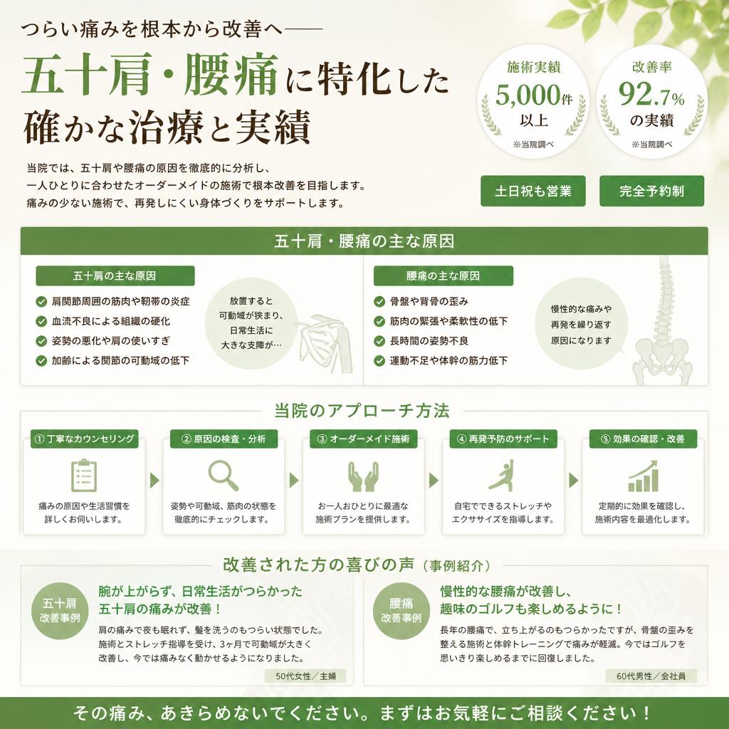五十肩・腰痛の改善に特化したアプローチ